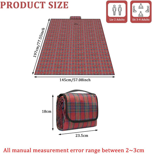 Picnic Blanket, Waterproof Picnic Blanket, 150 x 200 cm Foldable Picnic Mat with Portable Handle for Beach, Park, Hiking, Camping(Red Stripes)