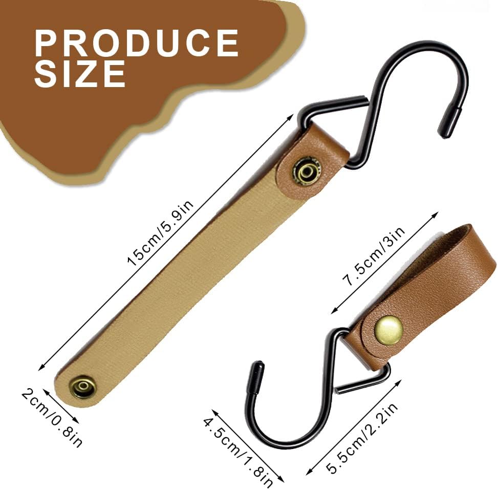 8pcs Leather S-Hooks, Metal S Shaped Hooks for Hanging, Camping Hook Hanger Stroller Hooks, Leather Hooks for Coat Towel Kitchen Bathroom, Brown