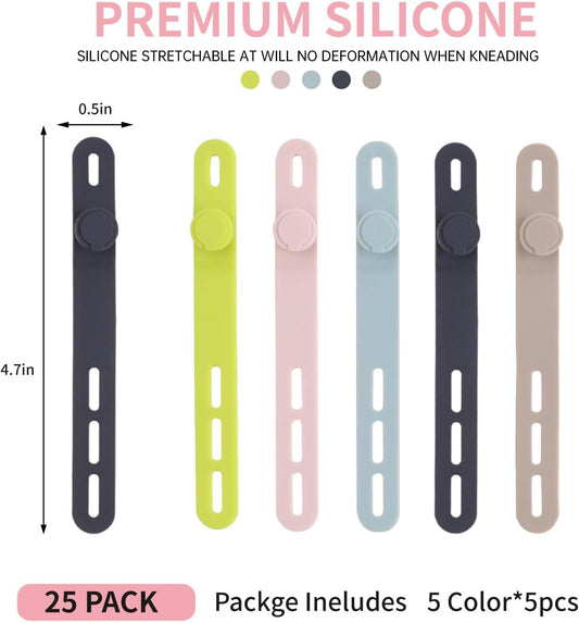 25 Pcs Silicone Cable Ties, Cable Ties Reusable, High Elasticity Cord Wraps for Electrical Cords, Cord Organizer for Earphone, Phone Charger(Colorful)