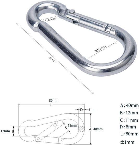3 Inch Carabiner Clip Spring Snap Hook Heavy Duty 6pcs M8x80mm for Fitness Hammock Swing Camping Hiking