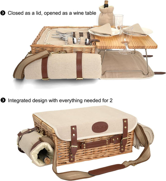 Multifunctional Wicker Picnic Basket Set for 2 with Blanket and Picnic Table, Insulated Picnic Set with Full Tablewares for Camping Outdoor Couples,Natural