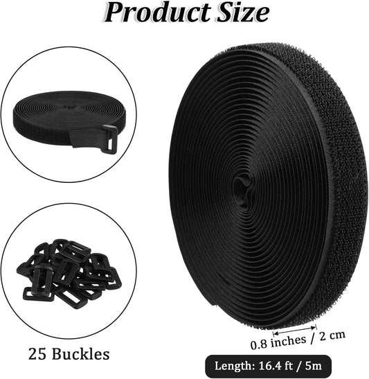 2cm x 5m Straps with 25 Metal Buckles Adjustable Cable Ties Free Shortenable Reusable Nylon Cable Ties for Fixing Cables for Organizing or Storage, Black