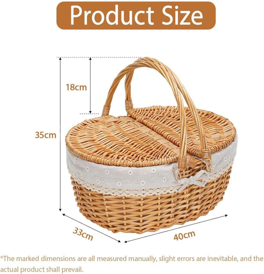 Wicker Picnic Basket with Lid, Shopping Basket Braided with Handle and Liner, Mushroom Basket, Wicker Basket for Picnics, Camping, Picking Vegetables (White Flower)