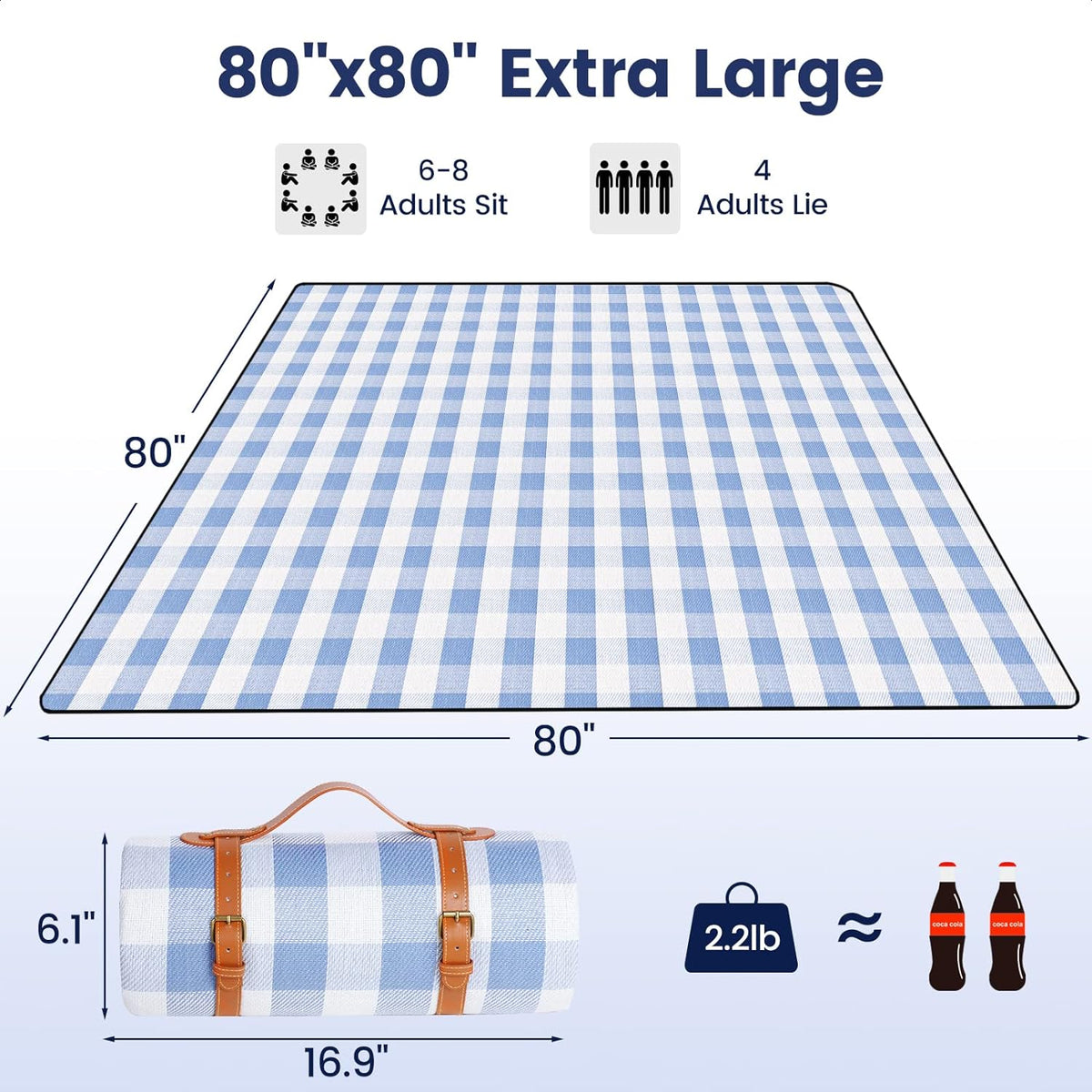 80”x 80” Picnic Blanket Extra Large, Waterproof and Foldable Beach Blanket, 3-Layer Outdoor Blanket for 6 to 8 Adults, for Camping, Park, Beach, Grass, Indoors…