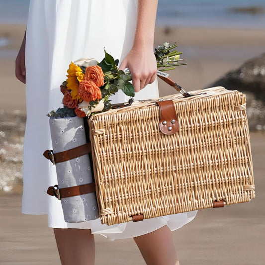 Picnic Basket for 2 - Willow Picnic Set with Wine Table (WhiteFlower)