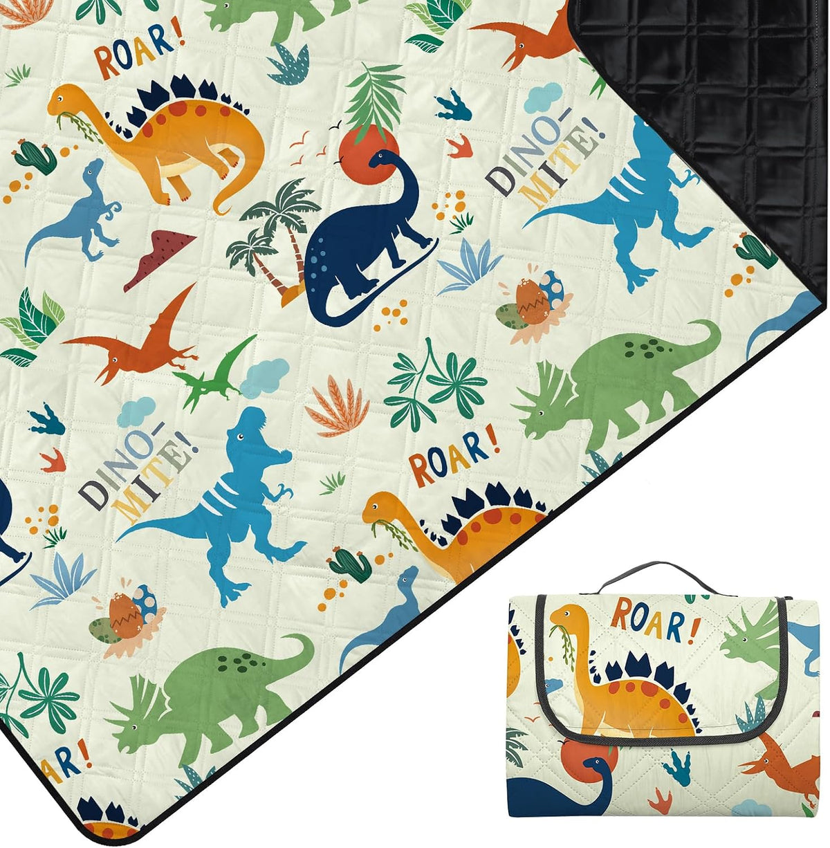 Children's Picnic Blanket Waterproof Foldable 200 x 200 cm Portable Beach Mat Animal Machine Washable Large Outdoor Blanket for Camping Travel Hiking Dinosaur
