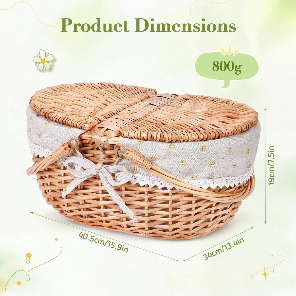 Picnic Basket, Picnic Basket with Double Opening Lid and Folding Handle, Handwoven Basket with Removable Cotton Lining for Picnics, Camping, Fruit Picking (Yellow/40 x 34 x 19 cm)