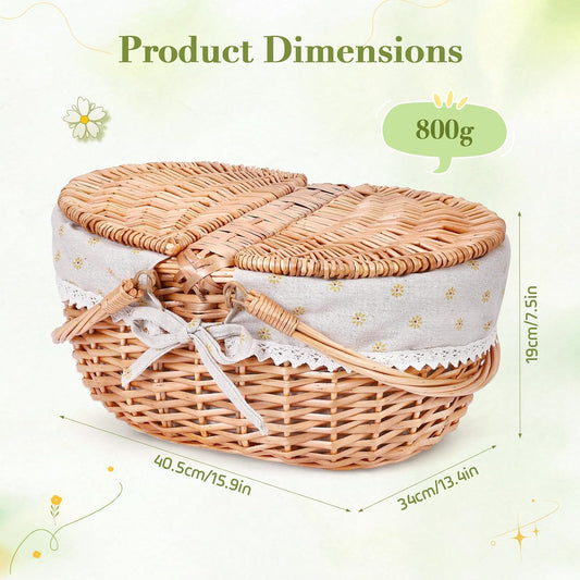 Picnic Basket, Picnic Basket with Double Opening Lid and Folding Handle, Handwoven Basket with Removable Cotton Lining for Picnics, Camping, Fruit Picking (Yellow/40 x 34 x 19 cm)