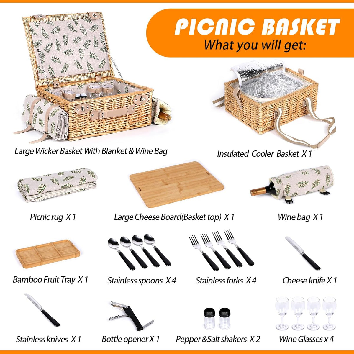 Dual Wicker Picnic Basket Set with Blanket Charcuterie Boards for 2/4/6 - Unique Gifts Ideas for Couple, Engagement, Wedding, Bridal Shower, Family, Christmas - White Elephant Gifts for Adults