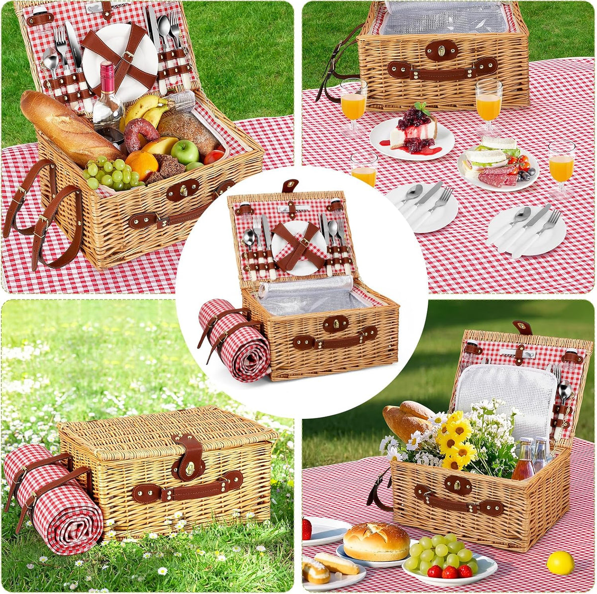 Picnic Basket for 4 People, Handwoven Basket with Built-in Insulation and Waterproof Blanket - Complete Picnic Set with 4 Cutlery Sets, Plates, Wine Glasses for Camping, Garden, Hiking, BBQ