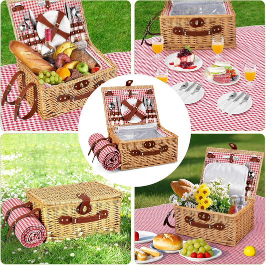 Picnic Basket for 4 People, Handwoven Basket with Built-in Insulation and Waterproof Blanket - Complete Picnic Set with 4 Cutlery Sets, Plates, Wine Glasses for Camping, Garden, Hiking, BBQ
