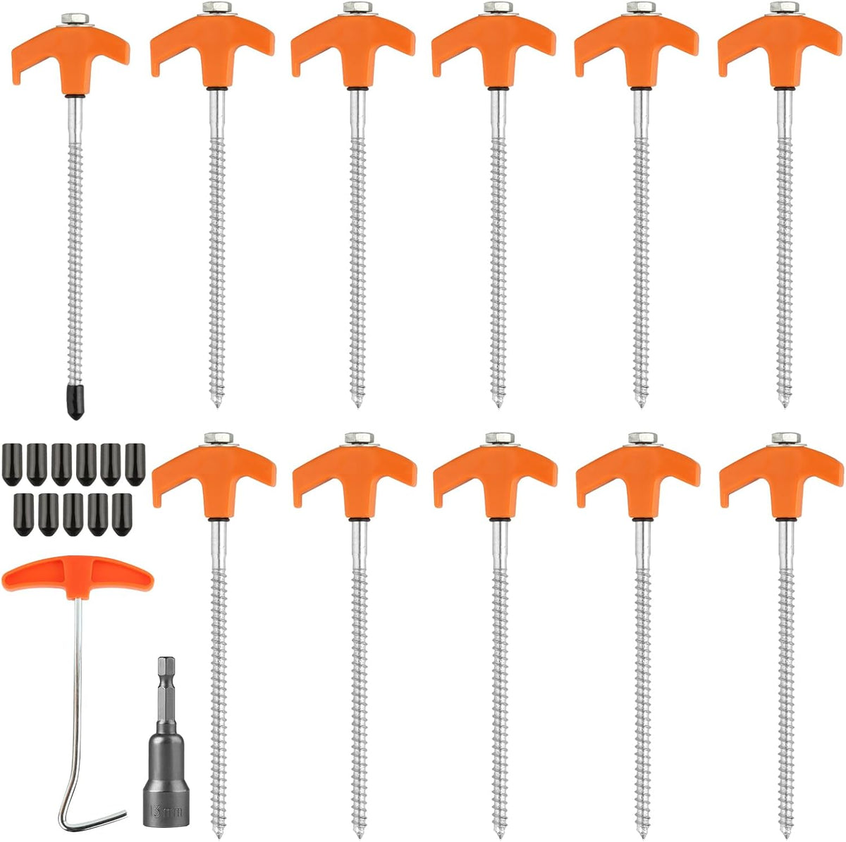 Pack of 11 Rotating Tent Pegs with Thread, 20.5 cm Camping Pegs, Stable, Screw Pegs, Tent Ground Screws for Hard Floor, Grass Tent, Camping Accessories, with Drill Adapter and Nail Puller