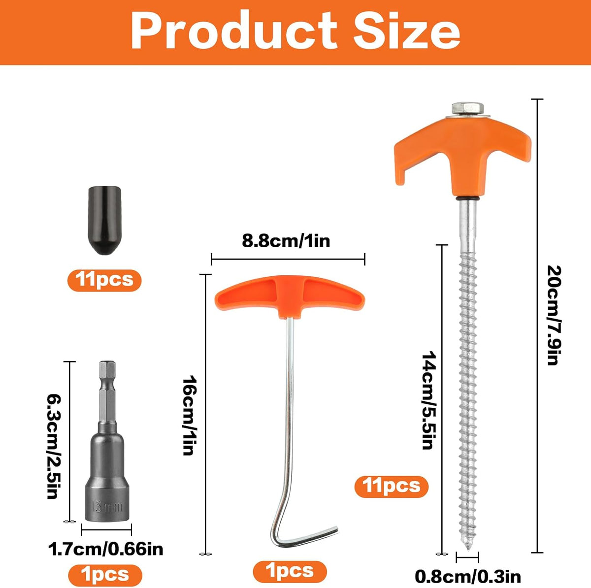 Pack of 11 Rotating Tent Pegs with Thread, 20.5 cm Camping Pegs, Stable, Screw Pegs, Tent Ground Screws for Hard Floor, Grass Tent, Camping Accessories, with Drill Adapter and Nail Puller