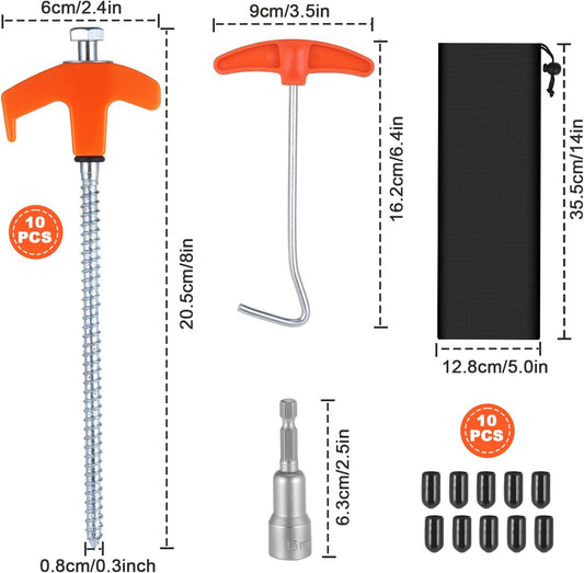 10 x Tent Pegs with Bag, Pegs, Stable Screw Pegs for Outdoor and Camping, Tent Accessories, Tent Pegs Camping for Hard Floor, Forest, Meadows
