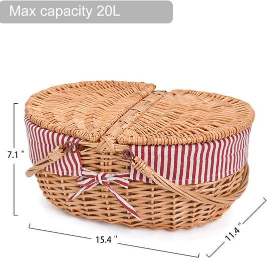 Wicker Picnic Basket with Removable Liner Empty Picnic Baskets with Lid, Picnic Hamper with Foldable Handles for Picnic, Red Stripes