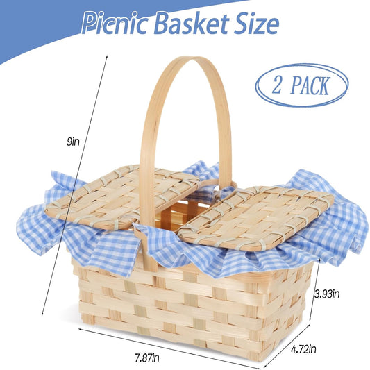 2 Pcs Mini Picnic Basket Small Gingham Picnic Hamper Cheap Picnic Basket with Blue and White Liner for Halloween Women Costume  Accessory Masquerade Dress up, Egg Gathering, Candy