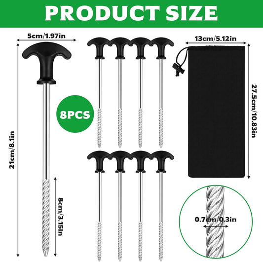 Pack of 8 Pegs Stable 21 cm Long, Tent Pegs with Thread, Screw Pegs, Camping Pegs, Tent Pegs for Hard Floor, Forest, Meadows, Grass, Outdoor Camping Tent Accessories