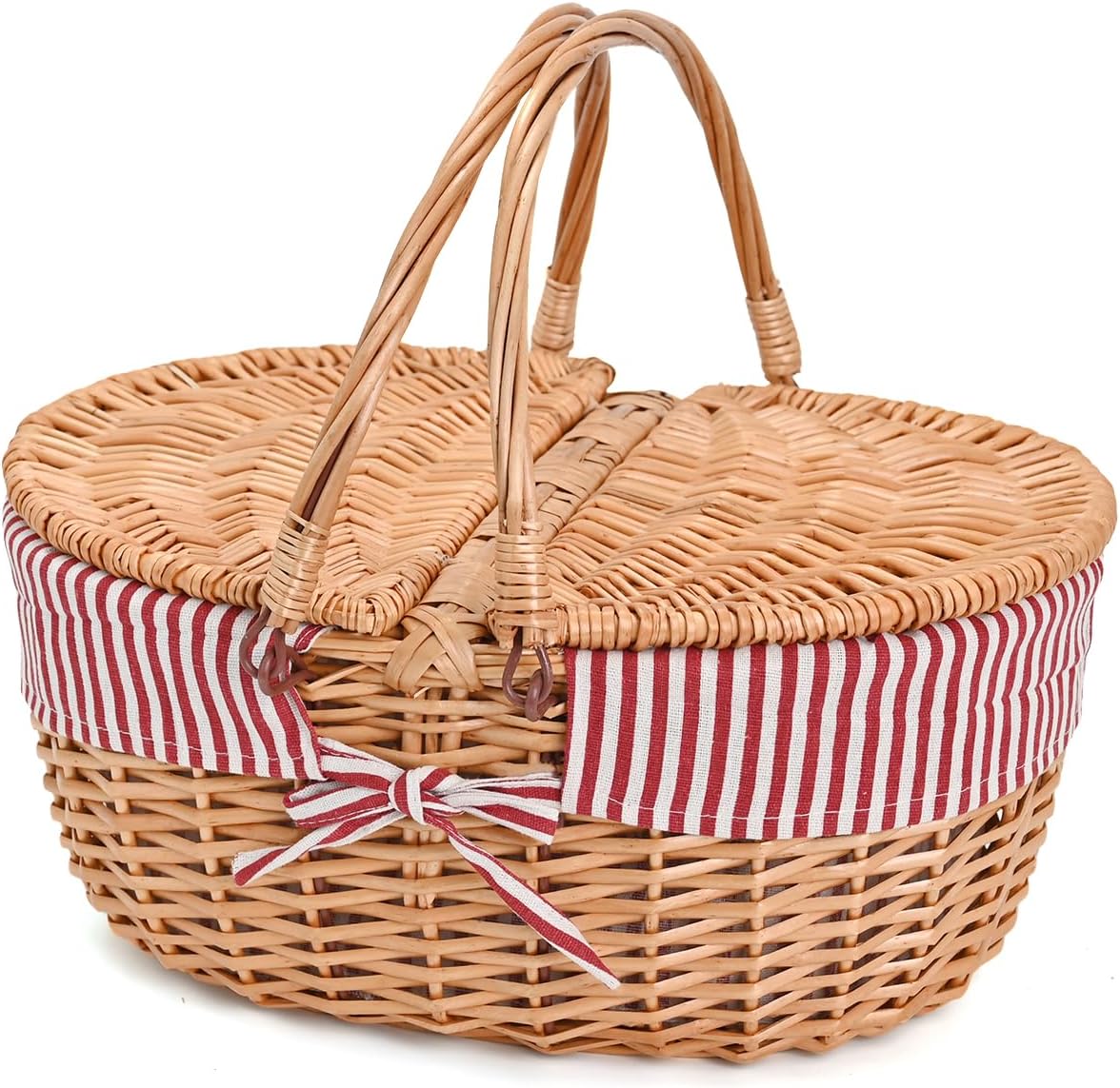 Wicker Picnic Basket with Removable Liner Empty Picnic Baskets with Lid, Picnic Hamper with Foldable Handles for Picnic, Red Stripes