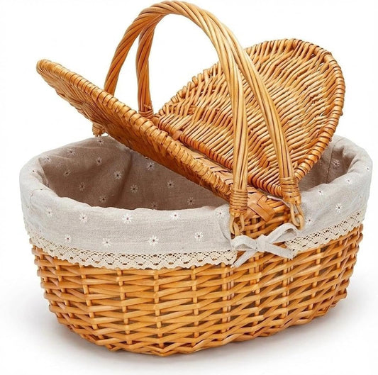 Wicker Picnic Basket with Lid, Shopping Basket Braided with Handle and Liner, Mushroom Basket, Wicker Basket for Picnics, Camping, Picking Vegetables (White Flower)