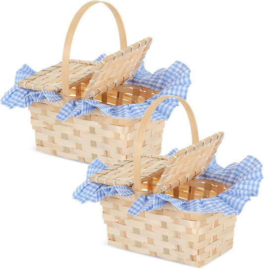 2 Pcs Mini Picnic Basket Small Gingham Picnic Hamper Cheap Picnic Basket with Blue and White Liner for Halloween Women Costume  Accessory Masquerade Dress up, Egg Gathering, Candy