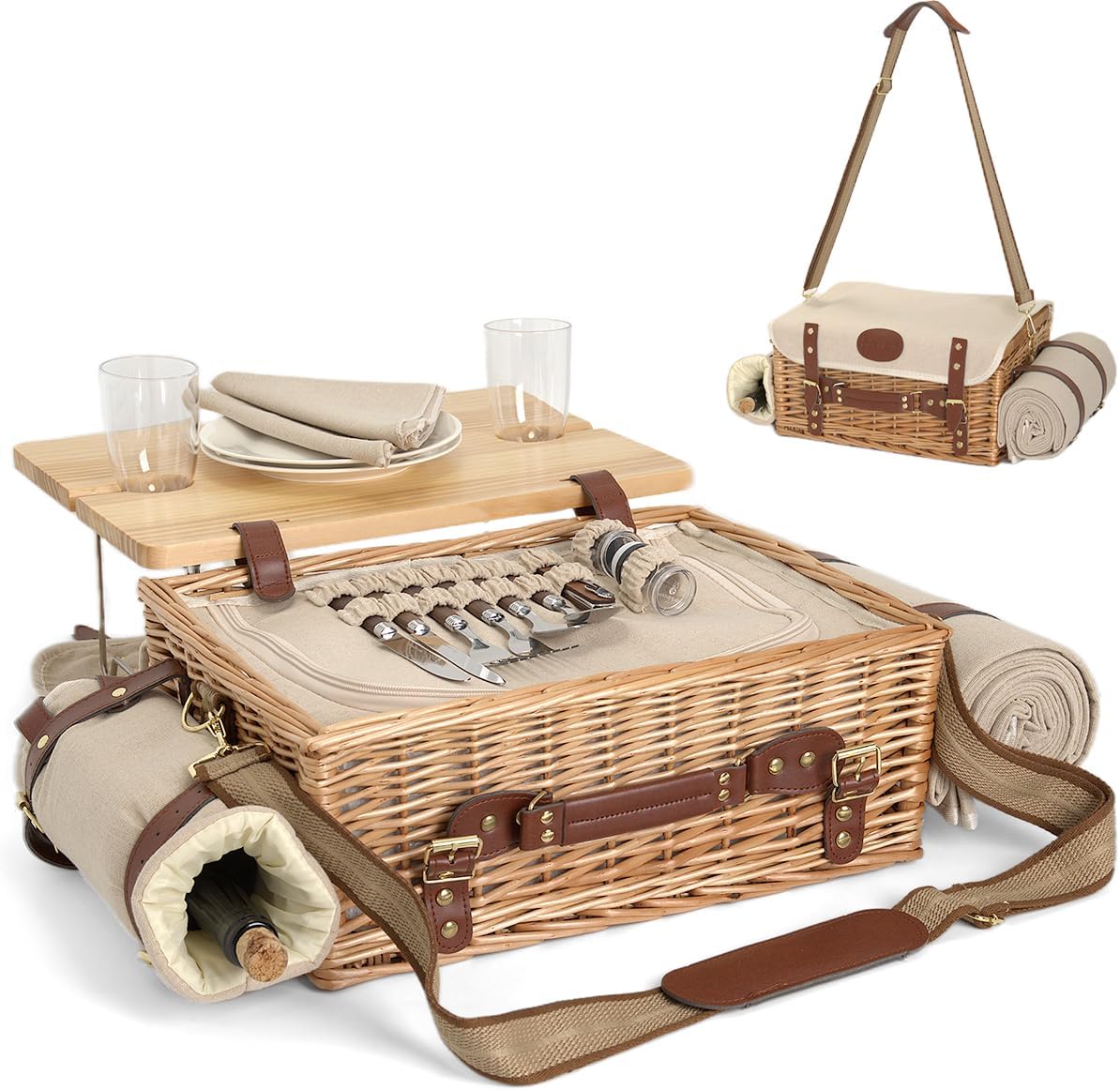 Multifunctional Wicker Picnic Basket Set for 2 with Blanket and Picnic Table, Insulated Picnic Set with Full Tablewares for Camping Outdoor Couples,Natural