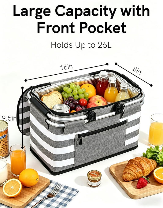 Insulated Picnic Basket,Leak-Proof Collapsible Cooler Bag,26L Grocery Basket with Lid,2 Sturdy Handles,Storage Basket for Picnic,Food Delivery,Take Outs,Market Shopping,Travel (Gray)