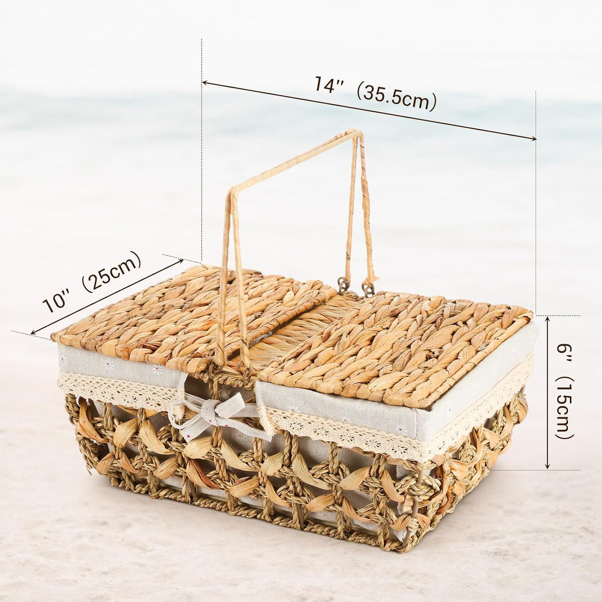 Wicker Picnic Basket with Handle & Lid, 14" Water Hyacinth & Seagrass Hand Woven Basket with Removable Liner for Picnics, Camping, Garden Harvest & Veg Picking(Seaweed)