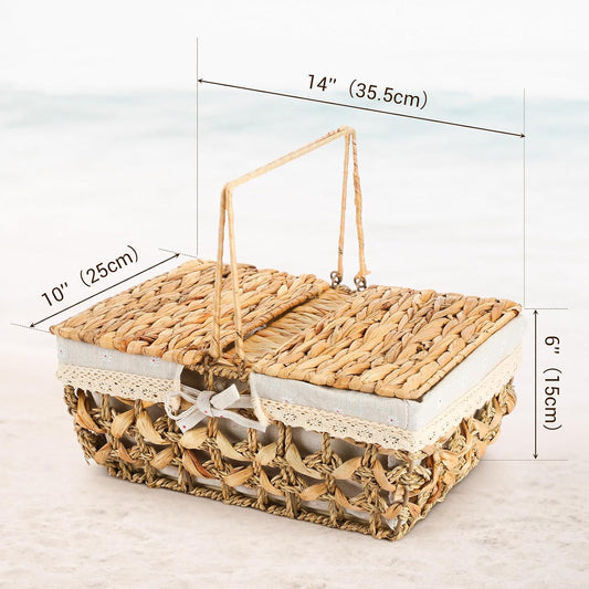 Wicker Picnic Basket with Handle & Lid, 14" Water Hyacinth & Seagrass Hand Woven Basket with Removable Liner for Picnics, Camping, Garden Harvest & Veg Picking(Seaweed)