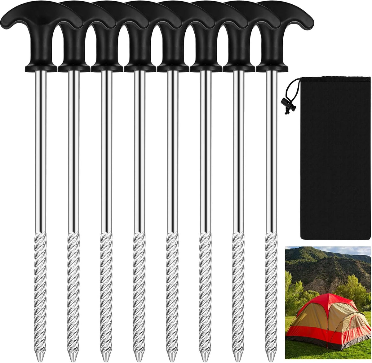 Pack of 8 Pegs Stable 21 cm Long, Tent Pegs with Thread, Screw Pegs, Camping Pegs, Tent Pegs for Hard Floor, Forest, Meadows, Grass, Outdoor Camping Tent Accessories