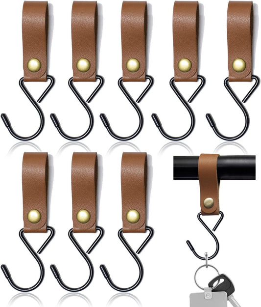 8pcs Leather S-Hooks, Metal S Shaped Hooks for Hanging, Camping Hook Hanger Stroller Hooks, Leather Hooks for Coat Towel Kitchen Bathroom, Brown