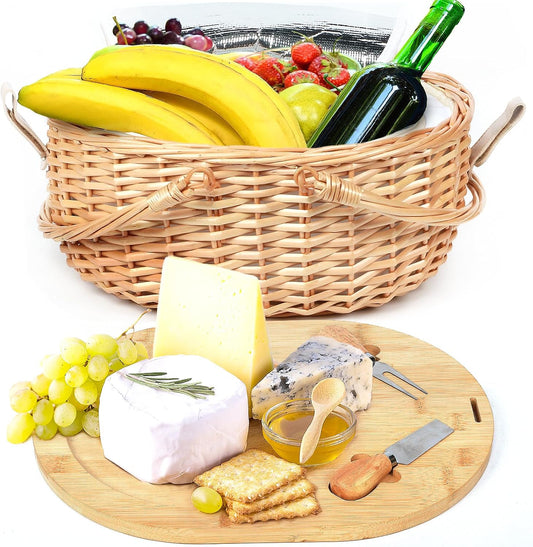 Wicker Picnic Basket Set with Charcuterie Boards for 2 - Unique Gifts Ideas for Couple, Engagement, Wedding, Bridal Shower, Family, Christmas, White Elephant Gifts for Adults(Y2408A-1)