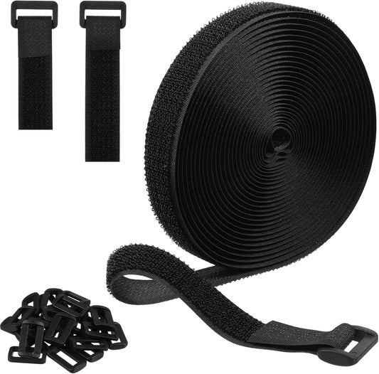 2cm x 5m Straps with 25 Metal Buckles Adjustable Cable Ties Free Shortenable Reusable Nylon Cable Ties for Fixing Cables for Organizing or Storage, Black