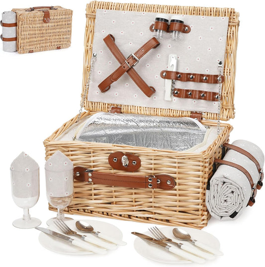 Picnic Basket for 2 - Willow Picnic Set with Wine Table (WhiteFlower)