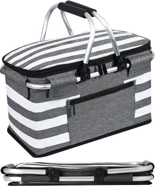 Insulated Picnic Basket,Leak-Proof Collapsible Cooler Bag,26L Grocery Basket with Lid,2 Sturdy Handles,Storage Basket for Picnic,Food Delivery,Take Outs,Market Shopping,Travel (Gray)