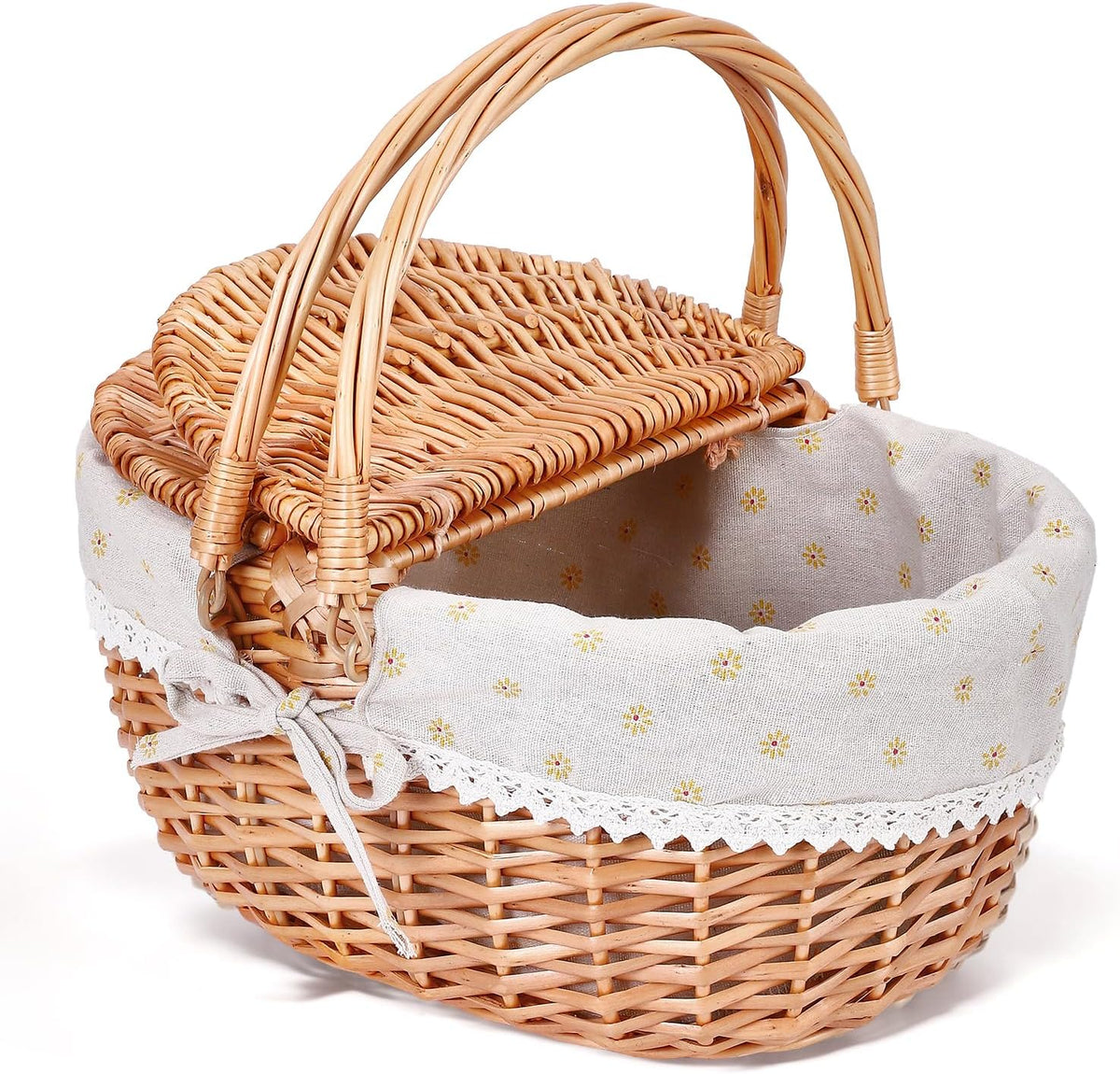 Picnic Basket, Picnic Basket with Double Opening Lid and Folding Handle, Handwoven Basket with Removable Cotton Lining for Picnics, Camping, Fruit Picking (Yellow/40 x 34 x 19 cm)
