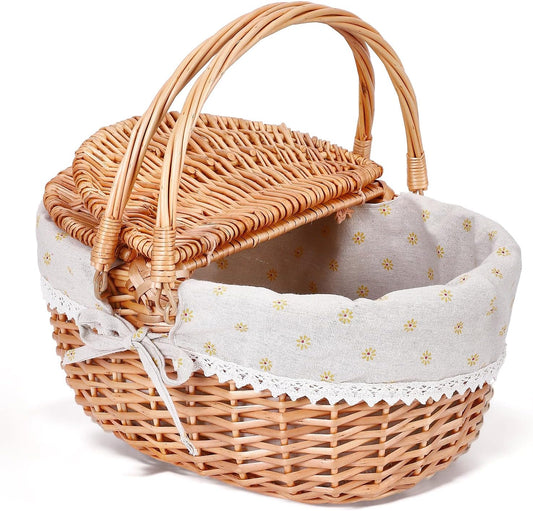 Picnic Basket, Picnic Basket with Double Opening Lid and Folding Handle, Handwoven Basket with Removable Cotton Lining for Picnics, Camping, Fruit Picking (Yellow/40 x 34 x 19 cm)