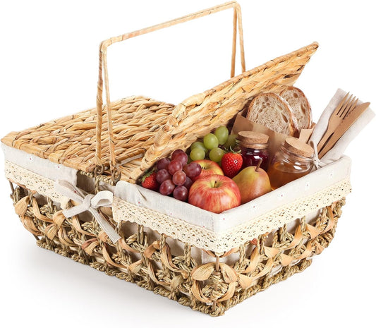 Wicker Picnic Basket with Handle & Lid, 14" Water Hyacinth & Seagrass Hand Woven Basket with Removable Liner for Picnics, Camping, Garden Harvest & Veg Picking(Seaweed)