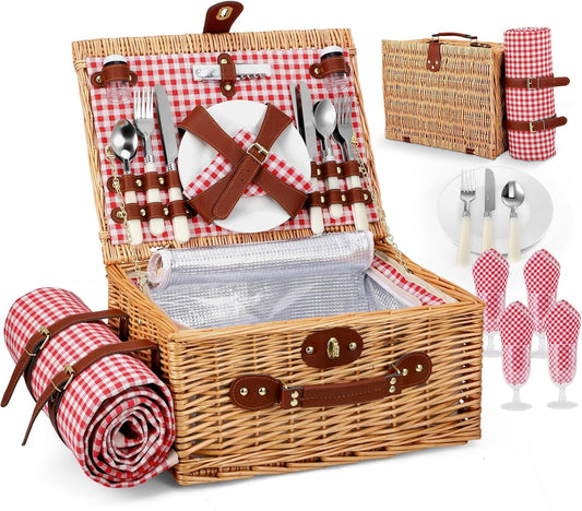 Picnic Basket for 4 People, Handwoven Basket with Built-in Insulation and Waterproof Blanket - Complete Picnic Set with 4 Cutlery Sets, Plates, Wine Glasses for Camping, Garden, Hiking, BBQ