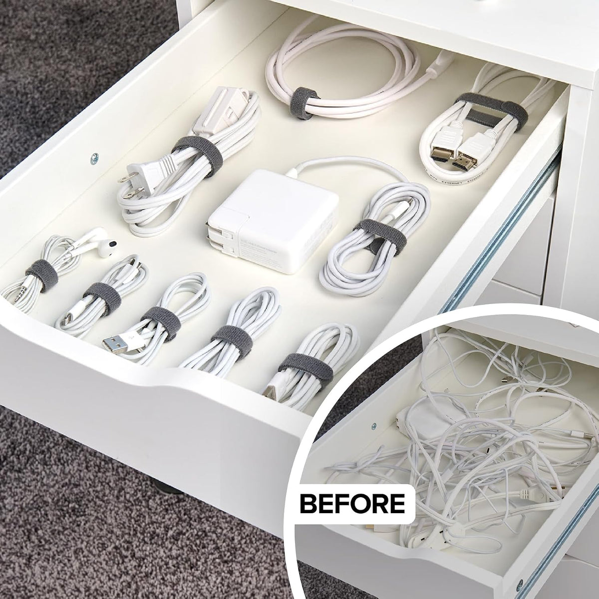 Self-Gripping Cable Ties by , Gray, 40 Pack (5 Inch and 8 Inch Straps) – Reusable Hook and Loop Cord Organizer Cable Ties for Cord Management and Desk or Office Organization
