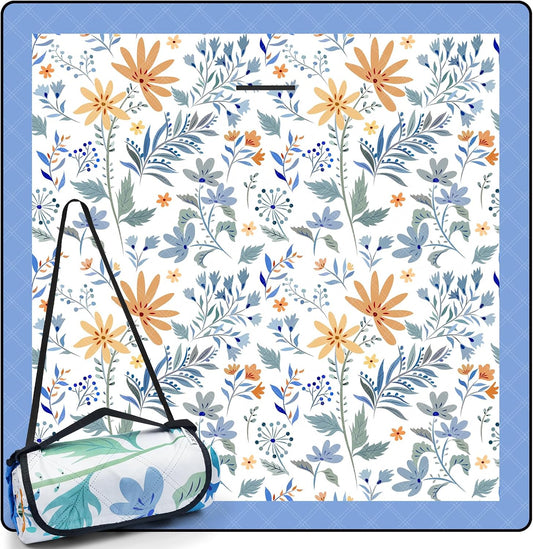 Picnic Blankets 79"x79" Extra Large Outdoor Blanket Beach Blanket Waterproof SandProof Picnic Mat Washable Foldable Portable for Grass Lawn Beach Camping (White with Flowers)