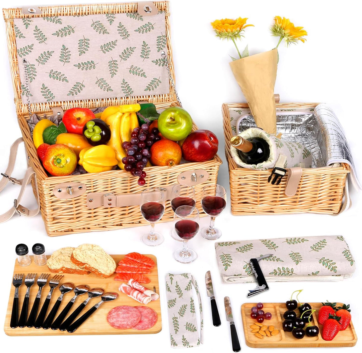 Dual Wicker Picnic Basket Set with Blanket Charcuterie Boards for 2/4/6 - Unique Gifts Ideas for Couple, Engagement, Wedding, Bridal Shower, Family, Christmas - White Elephant Gifts for Adults