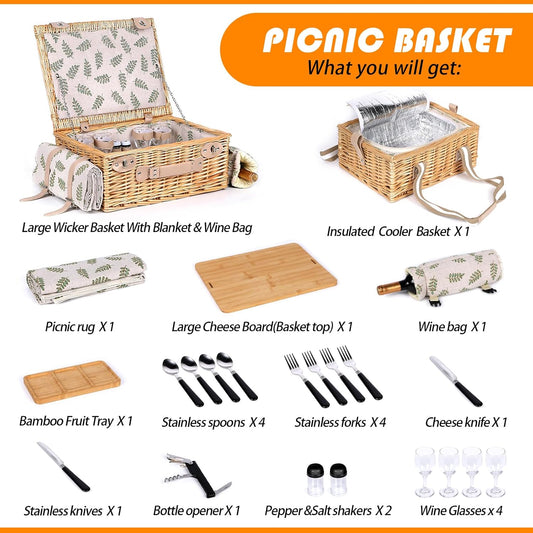 Dual Wicker Picnic Basket Set with Blanket Charcuterie Boards for 2/4/6 - Unique Gifts Ideas for Couple, Engagement, Wedding, Bridal Shower, Family, Christmas - White Elephant Gifts for Adults