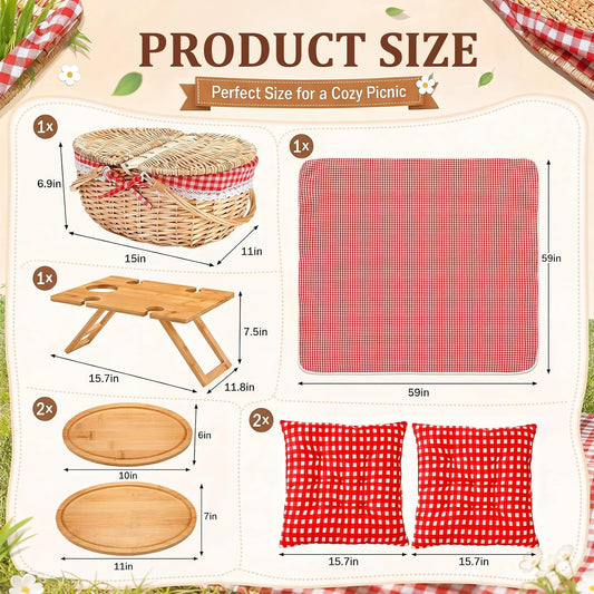 7 Pcs Picnic Basket for 2 with Red Plaid Blanket, Wicker Basket, Bamboo Table, Serving Trays & Pillows Picnic Supplies Essentials Date Set for Outdoor Accessories Wedding Gift Beach Camping