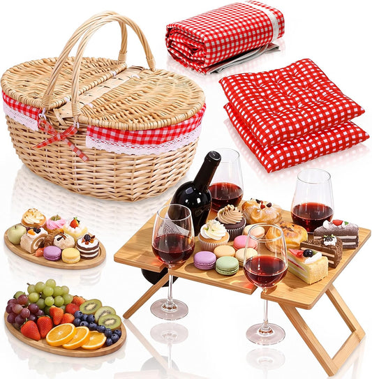 7 Pcs Picnic Basket for 2 with Red Plaid Blanket, Wicker Basket, Bamboo Table, Serving Trays & Pillows Picnic Supplies Essentials Date Set for Outdoor Accessories Wedding Gift Beach Camping